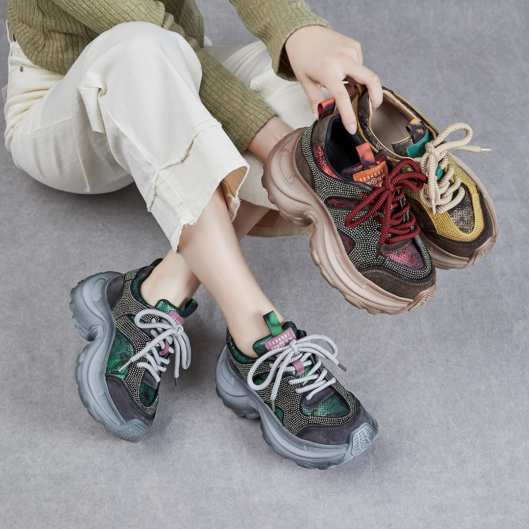 Y8585复古拼色厚底老爹鞋2025新款圆头系带百搭时尚休闲轻便女鞋