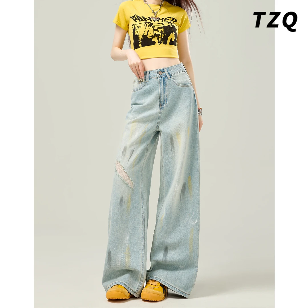 破洞感设计阔腿牛仔裤女2025夏季新款高腰显瘦直筒长裤TZQ2533028