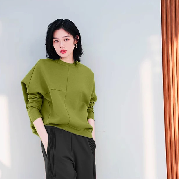 双木偶设计感卫衣春秋长袖女宽松休闲圆领不规则上衣纯色显瘦套头