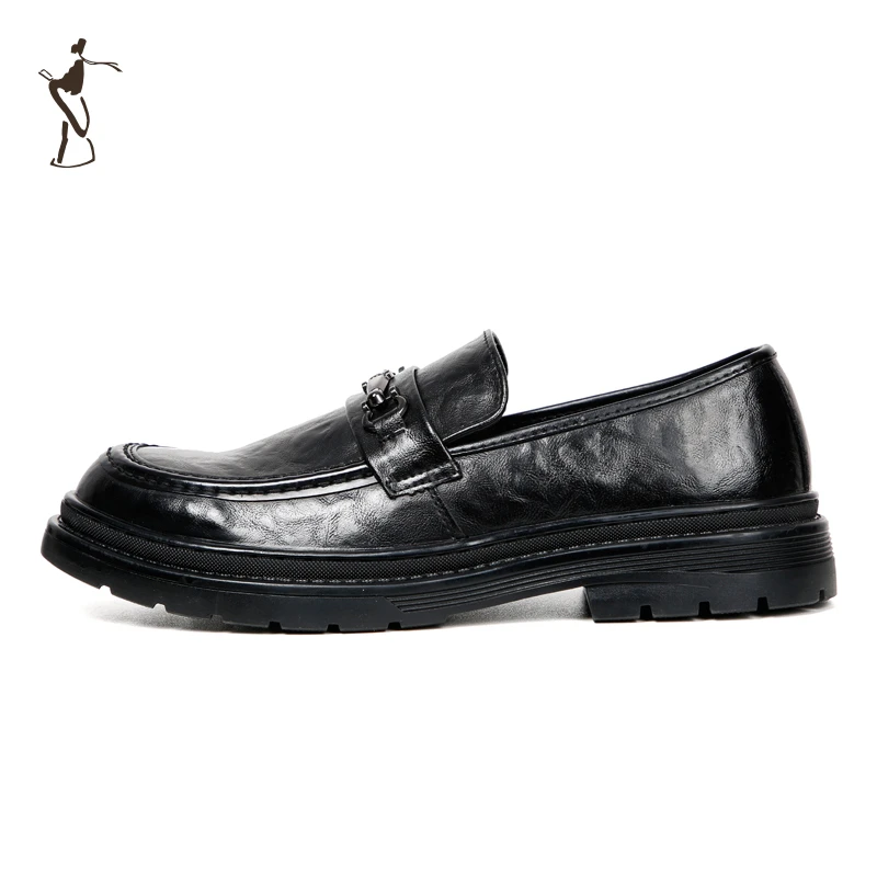 才子男鞋商务休闲软底舒适单鞋上班办公英伦风一脚蹬黑色皮鞋男