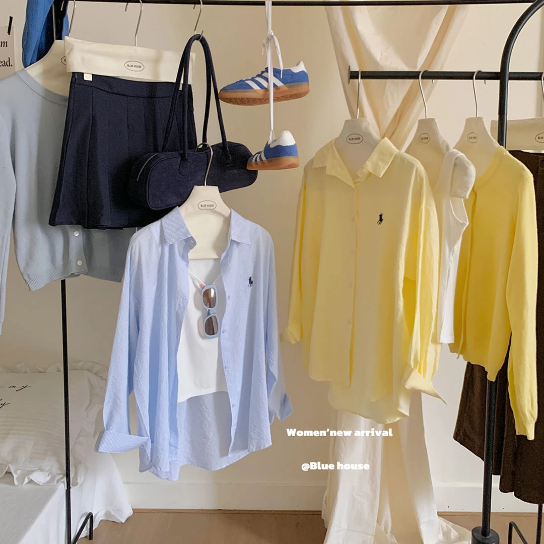 气质高智感刺绣条纹蓝色防晒衬衫套装女夏内搭背心黄色衬衣两件套