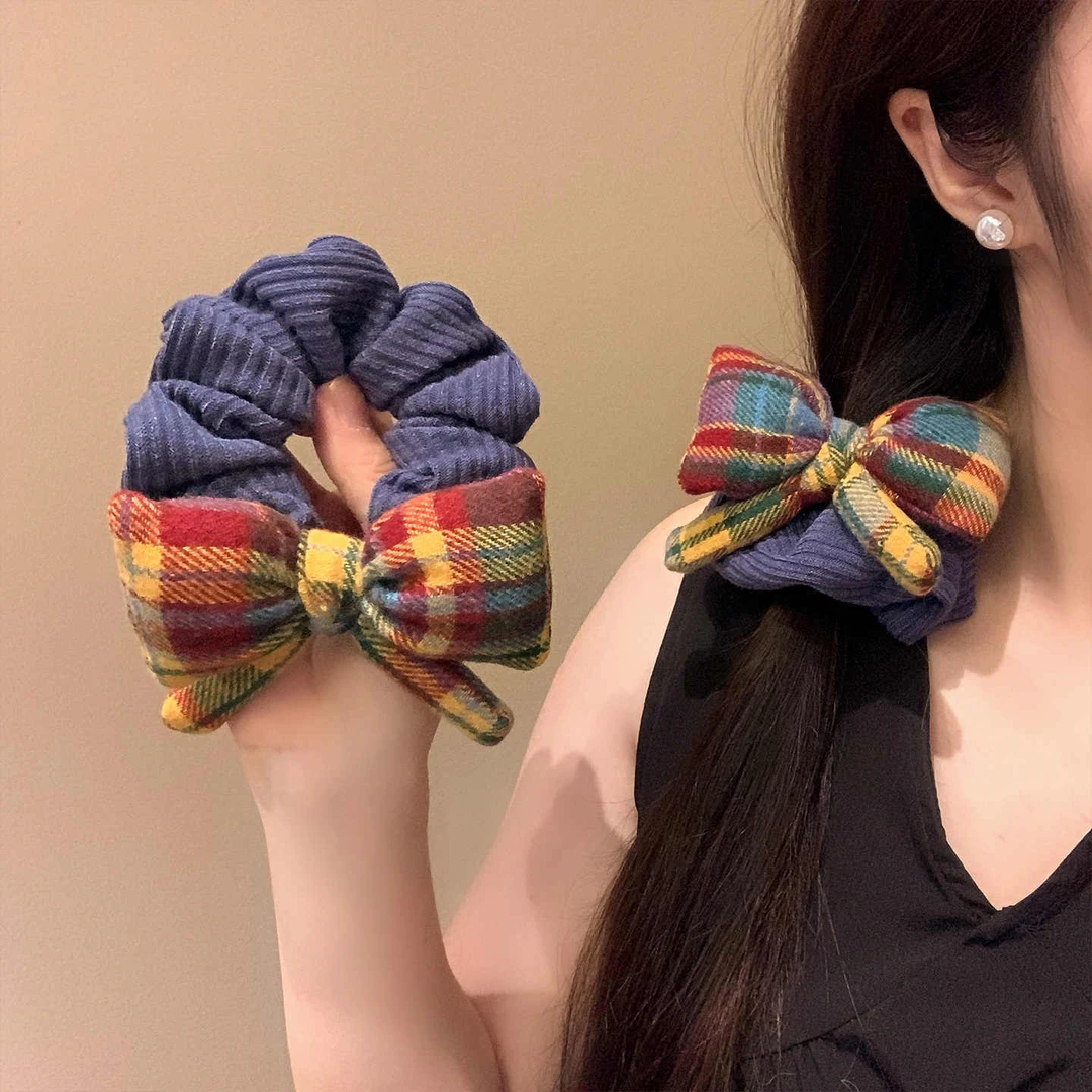 蝴蝶结彩色格子针织大肠发圈女秋冬扎头发丸子头超大头绳气质头饰