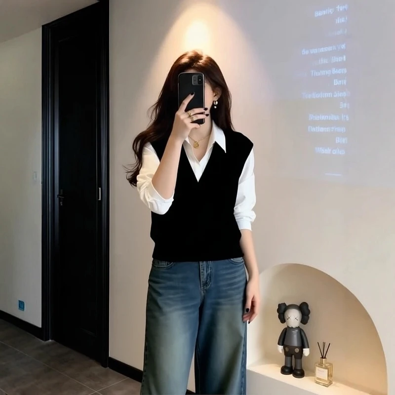 大码韩系针织背心拼接假两件衬衫女秋冬装独特漂亮内搭打底衫上衣