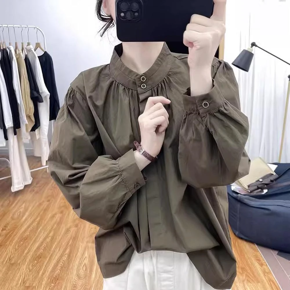 春秋新款女舒适简约立领单排扣纯色休闲长袖衬衫女宽松百搭上衣潮