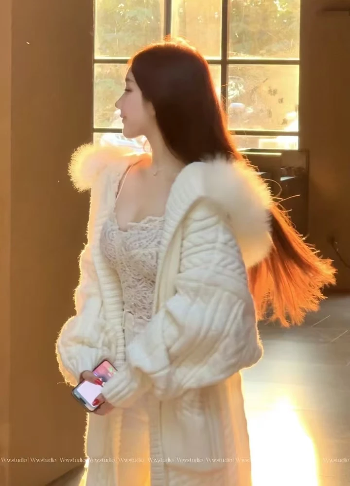 雪兔精灵中长款针织衫可拆卸狐狸毛毛领厚外套法式慵懒风