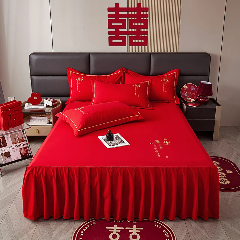 水洗棉一整套床罩磨毛结婚轻奢床裙单件简约红色双人床水洗婚庆床