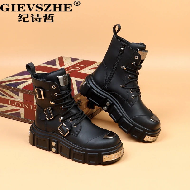 纪诗哲朋克风马丁靴男秋冬内增高拉链机车靴轻工装透气增高马丁靴