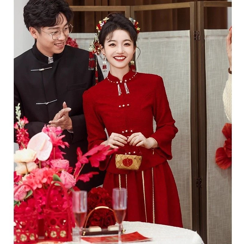 大码胖mm新娘旗袍订婚礼服结婚秋冬显瘦中式遮肚丝绒修身敬酒服