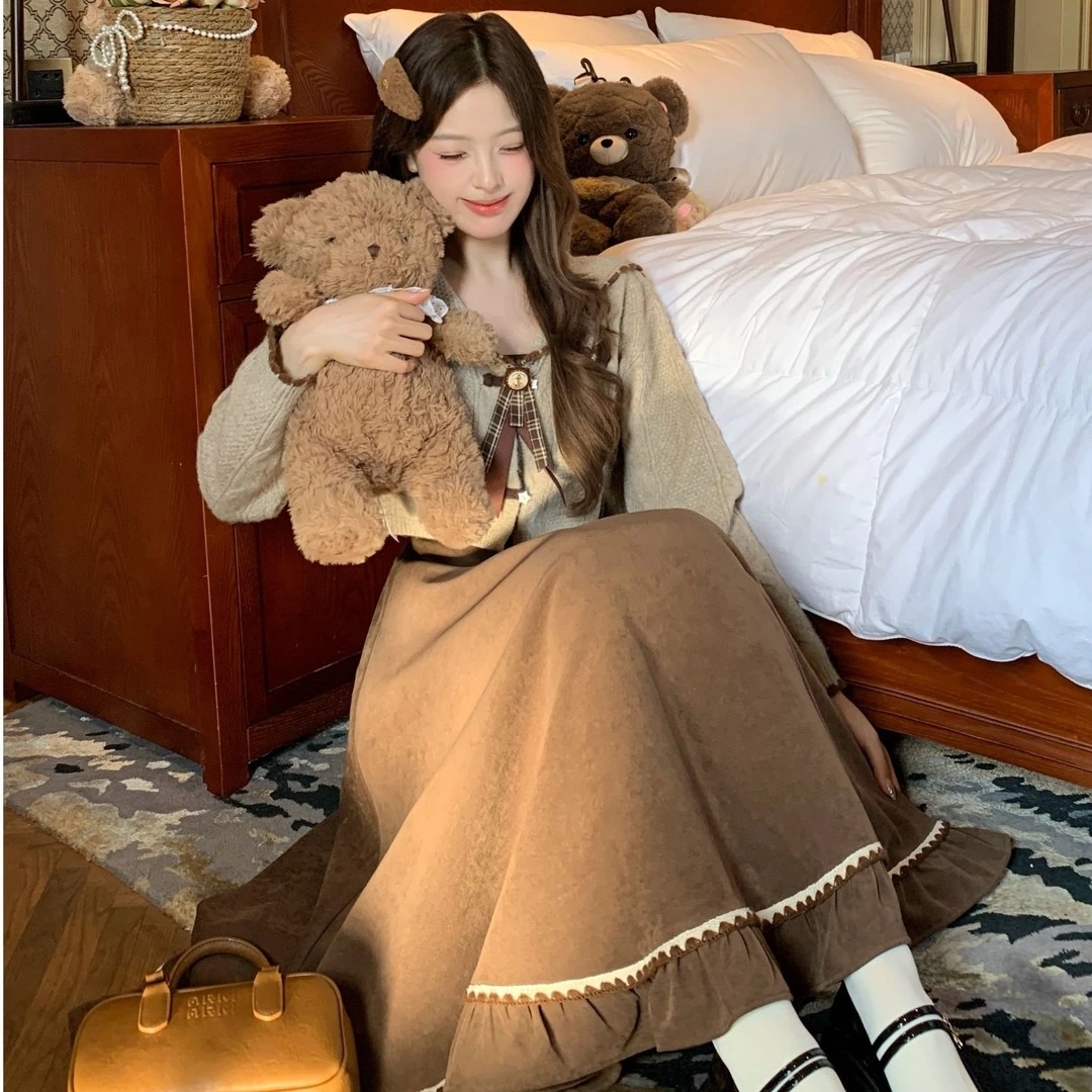 【焦糖玛奇朵】秋冬复古美拉德咖色针织上衣+吊带裙两件套套装