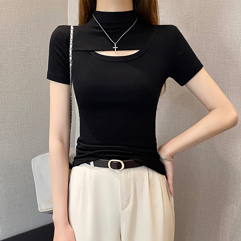 黑色螺纹半高领镂空短袖t恤女春夏修身设计感打底衫内搭中领上衣