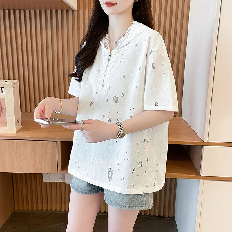 夏季小众短袖显瘦t恤女韩版大码蕾丝ins气质宽松时尚宽松纯棉上衣