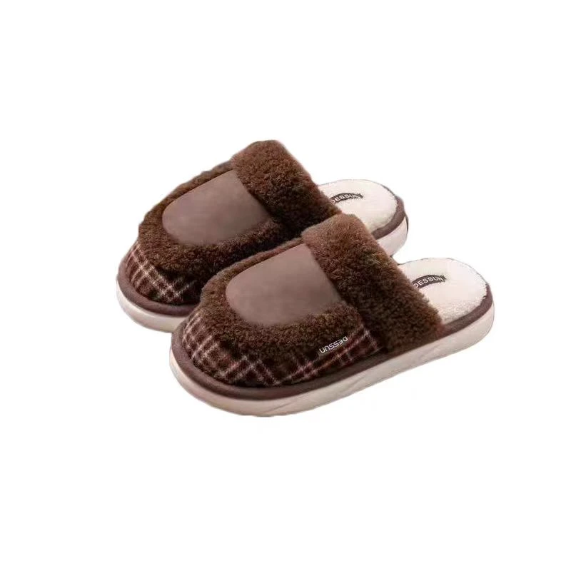 迪盛可爱格子蝴蝶精包头毛毛拖鞋居家保暖复古百搭棉拖棉拖鞋