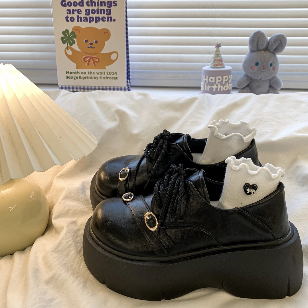 大头系带小皮鞋女2025春季新款松糕厚底复古英伦风小个子乐福单鞋