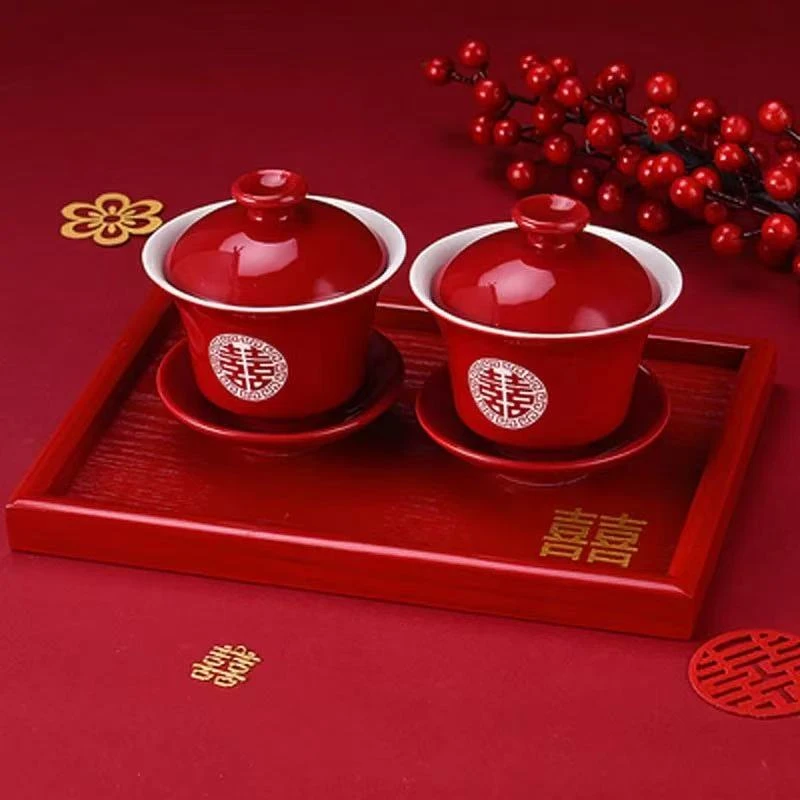 婚庆系列敬茶用品陶瓷酒红结婚喜碗夹菜尖吉庆喜碗中式婚礼用品