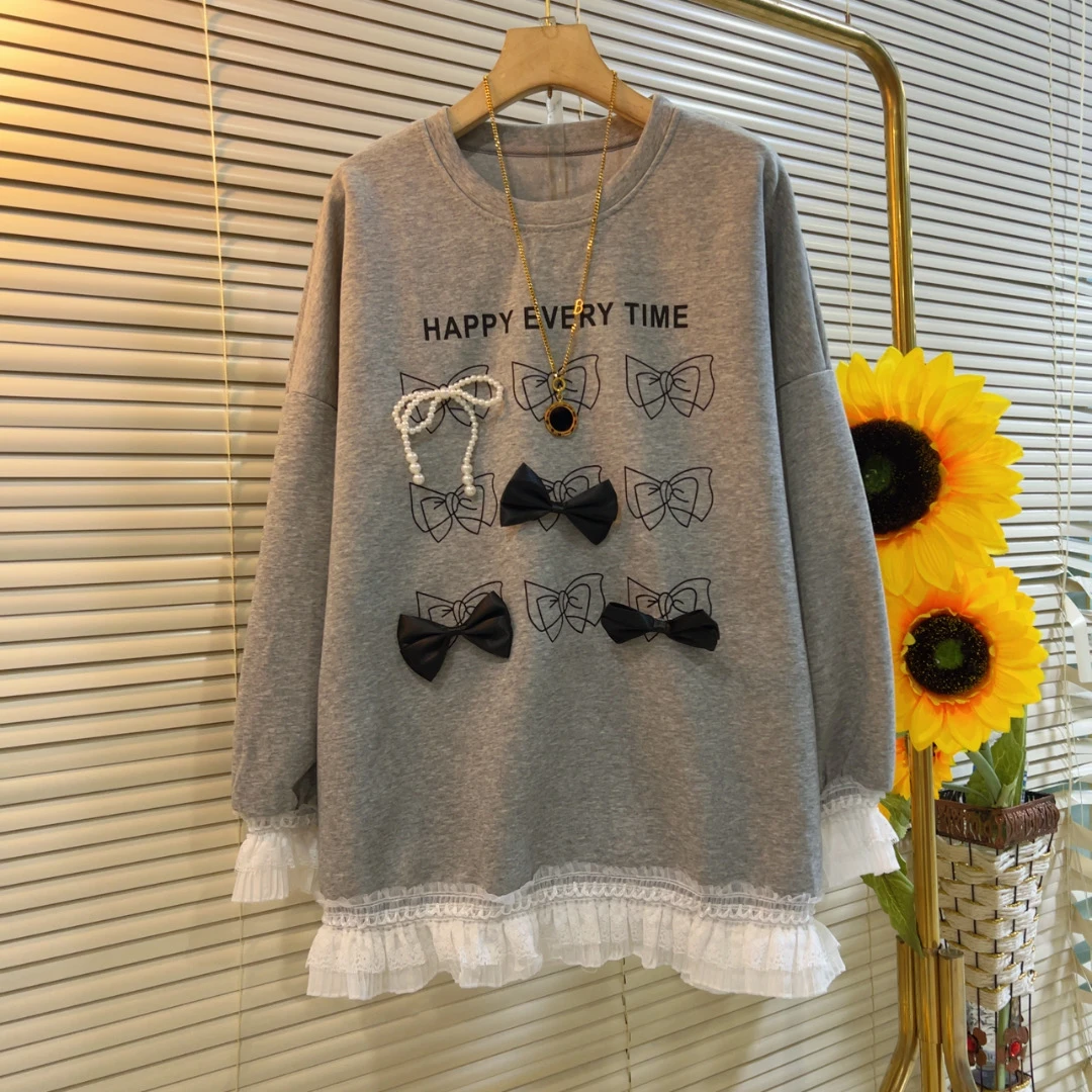 Ao新款减龄遮肉韩版洋气蕾丝边拼接卫衣