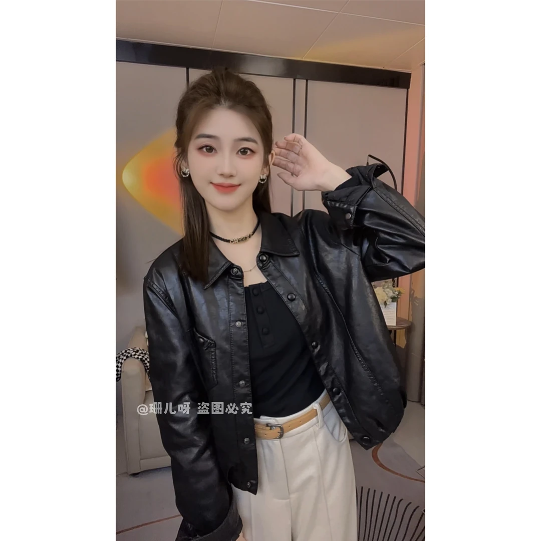 加绒加厚2025秋冬新款翻领PU皮衣时尚外套女小个子短款显瘦皮夹克