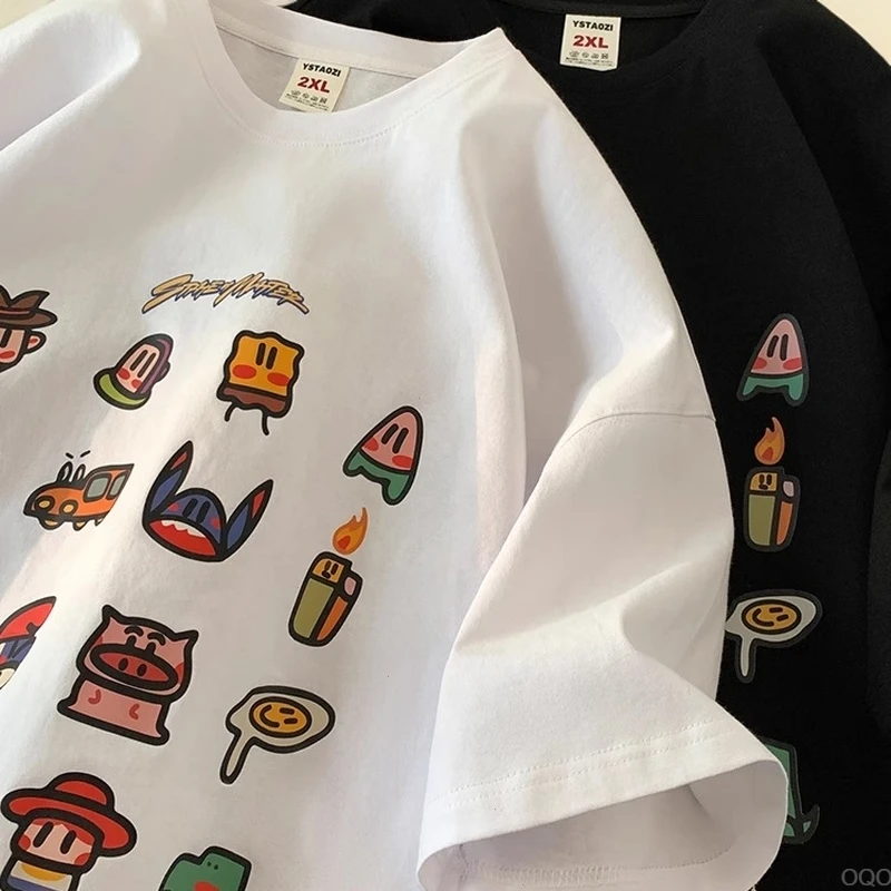 白色创意ins印花短袖t恤男夏季潮牌宽松大码半袖重磅纯棉体恤上衣