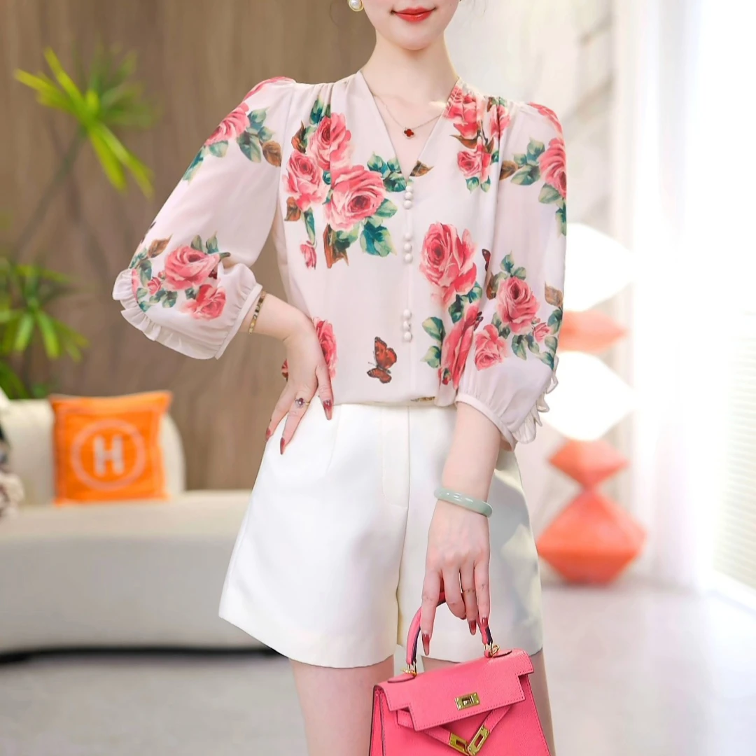 【玫瑰花语】时尚气质V领百搭2025夏款中袖显瘦宽松T恤衬衫上衣