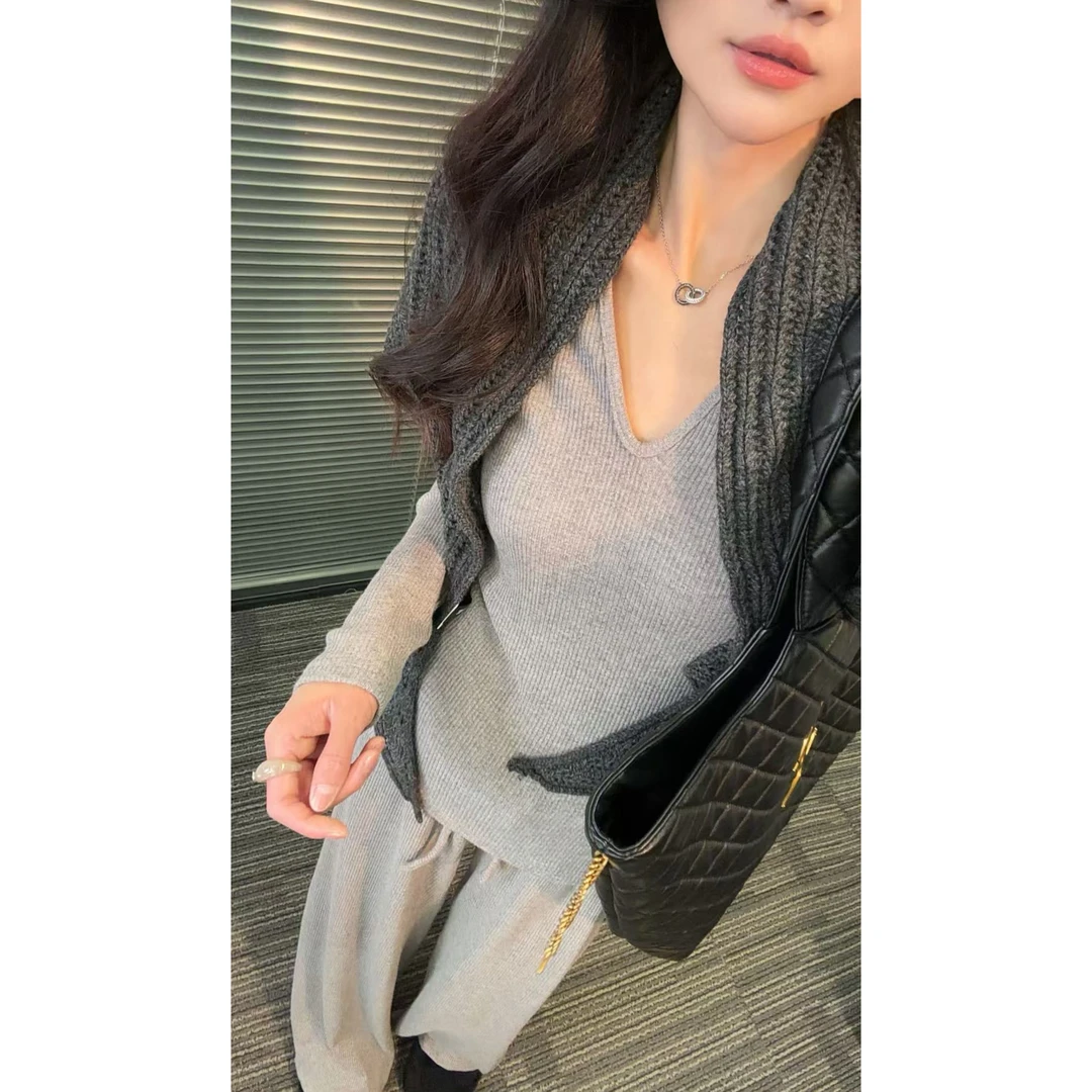 新春慵懒时尚毛衣外套V领针织衫上衣女秋冬休闲百搭阔腿裤三件套