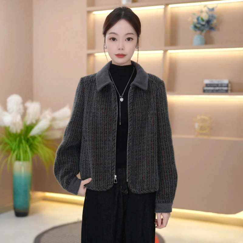 秋季新款外套女显瘦减龄洋气拼色翻领上衣夹克女