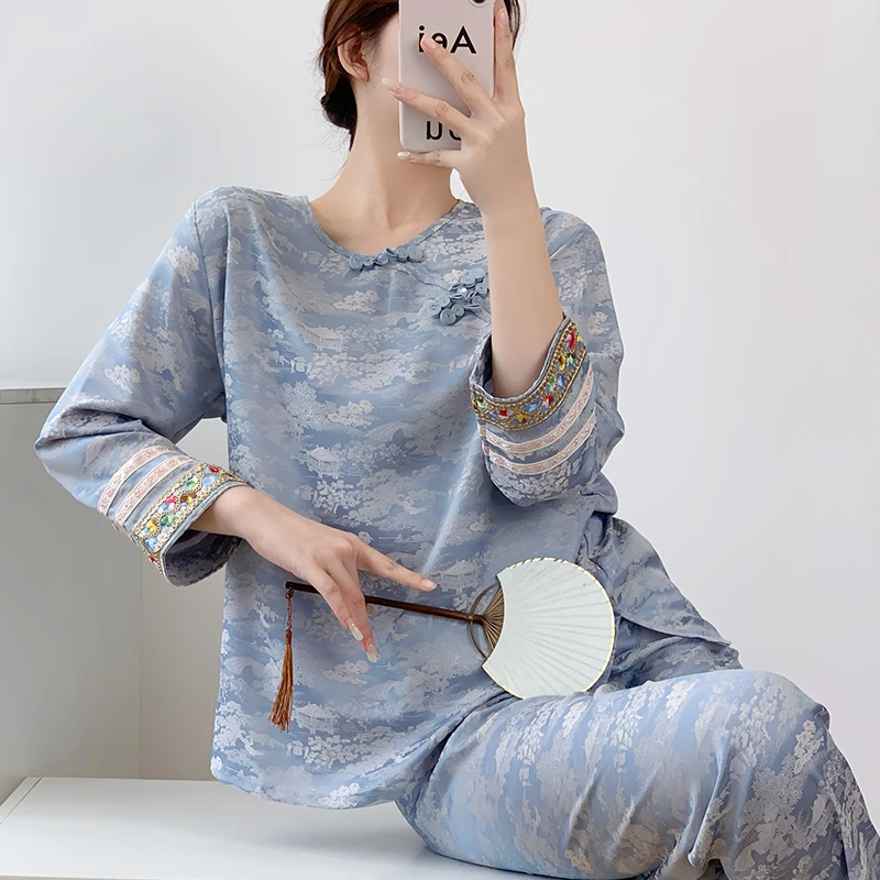 刺绣新中式睡衣女夏季冰丝透气复古中国风民族古装提花家居服薄款