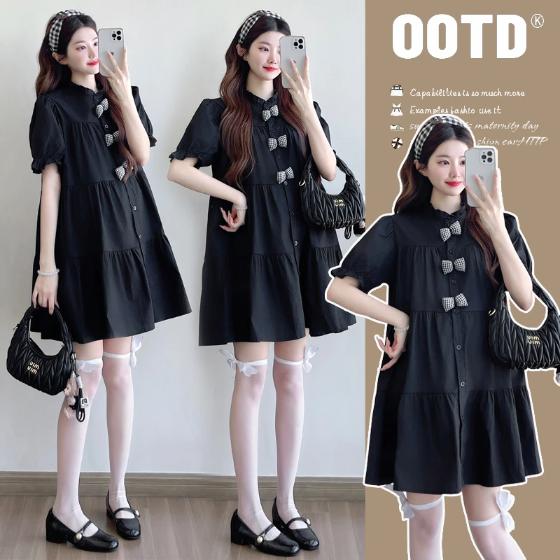 2025夏季新款孕妇装韩版格子蝴蝶结大码减龄小个子宽松显瘦小黑裙