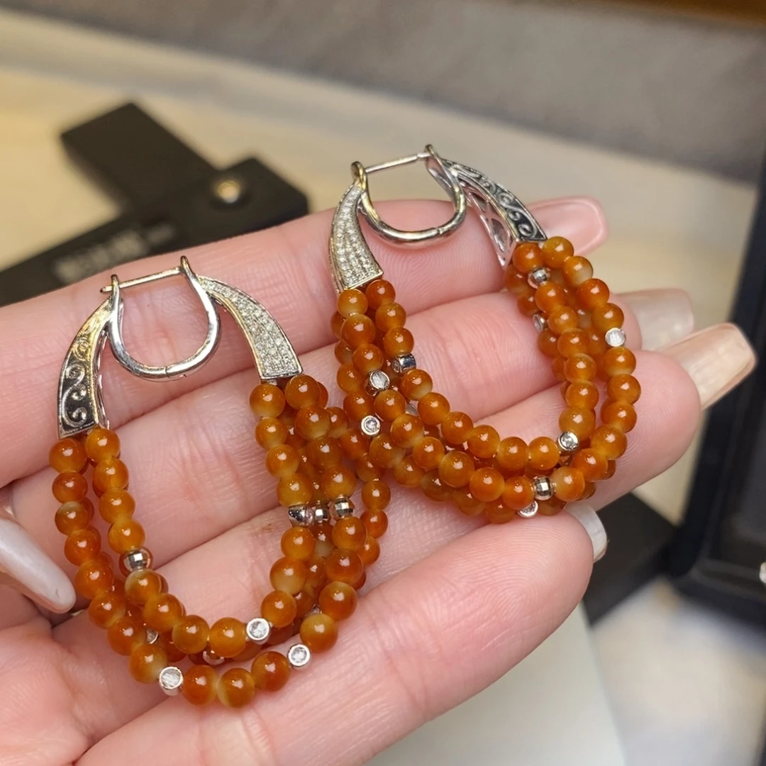 翡翠耳饰18K金镶嵌红翡小米珠