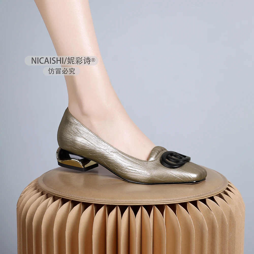 2025年新款欧美简约单鞋优雅乐福鞋一脚蹬软底不累脚单鞋粗跟1052