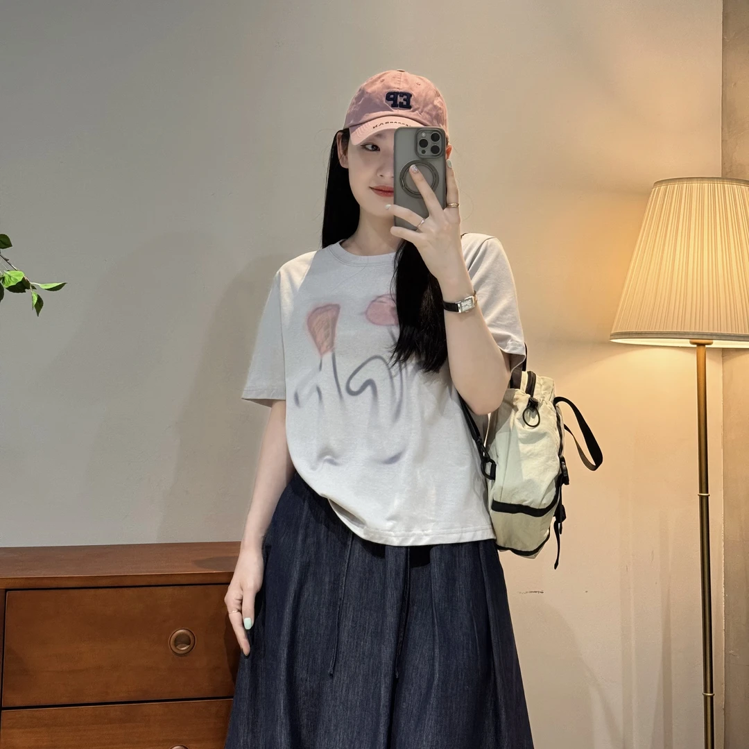 韩系ins时尚休闲百搭气质慵懒圆领透气印花T恤女-M25212332