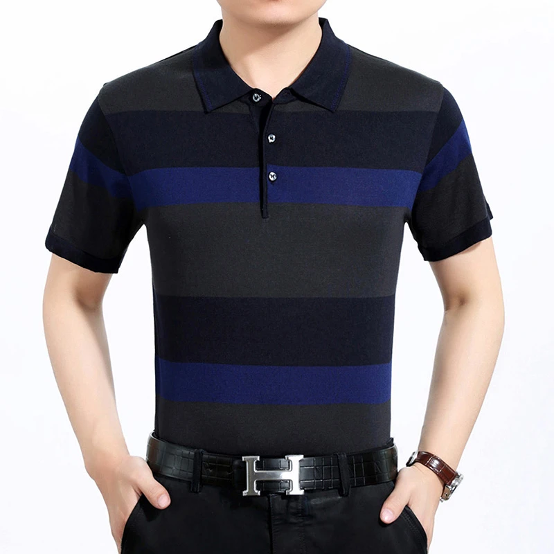 夏季中年男装短袖t恤爸爸装条纹真口袋中老年男士半袖冰丝体恤衫