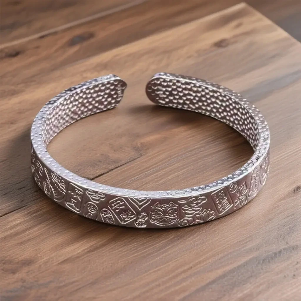 足银珐琅手镯 999.9醒狮吉言三面锤纹开口镯-精选