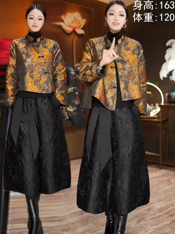 国风大码提花夹棉上衣外套秋冬高端洋气时尚花苞加绒阔腿裤两件套