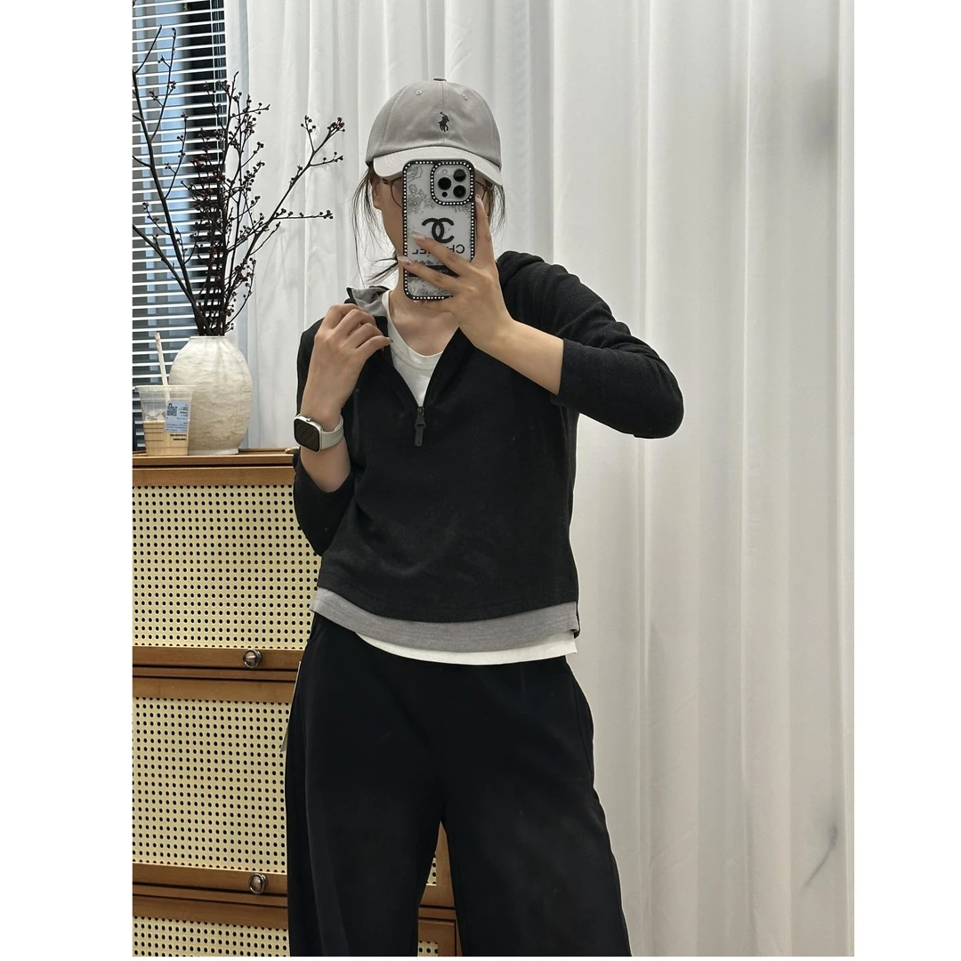 撞色假两件加厚修身连帽打底衫韩版套头长袖休闲卫衣外套女上衣