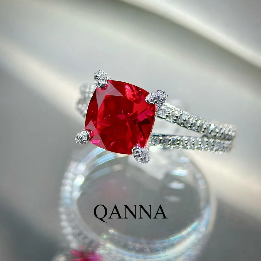 QANNA【微醺玫瑰】【红色大方形】豪镶戒臂设计款时尚双排钻石戒指BV