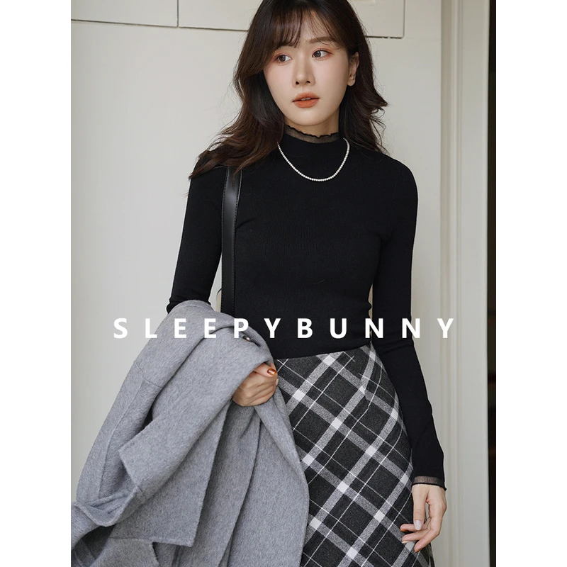 S瞌睡兔【清苍温柔点缀】纱质木耳边拼接针织衫女冬修身上衣230191