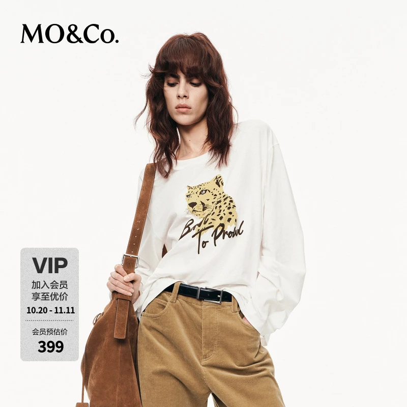 MOCOT恤2025秋新品棉质复古美式豹头印花宽松长袖圆领MBE3TEET18