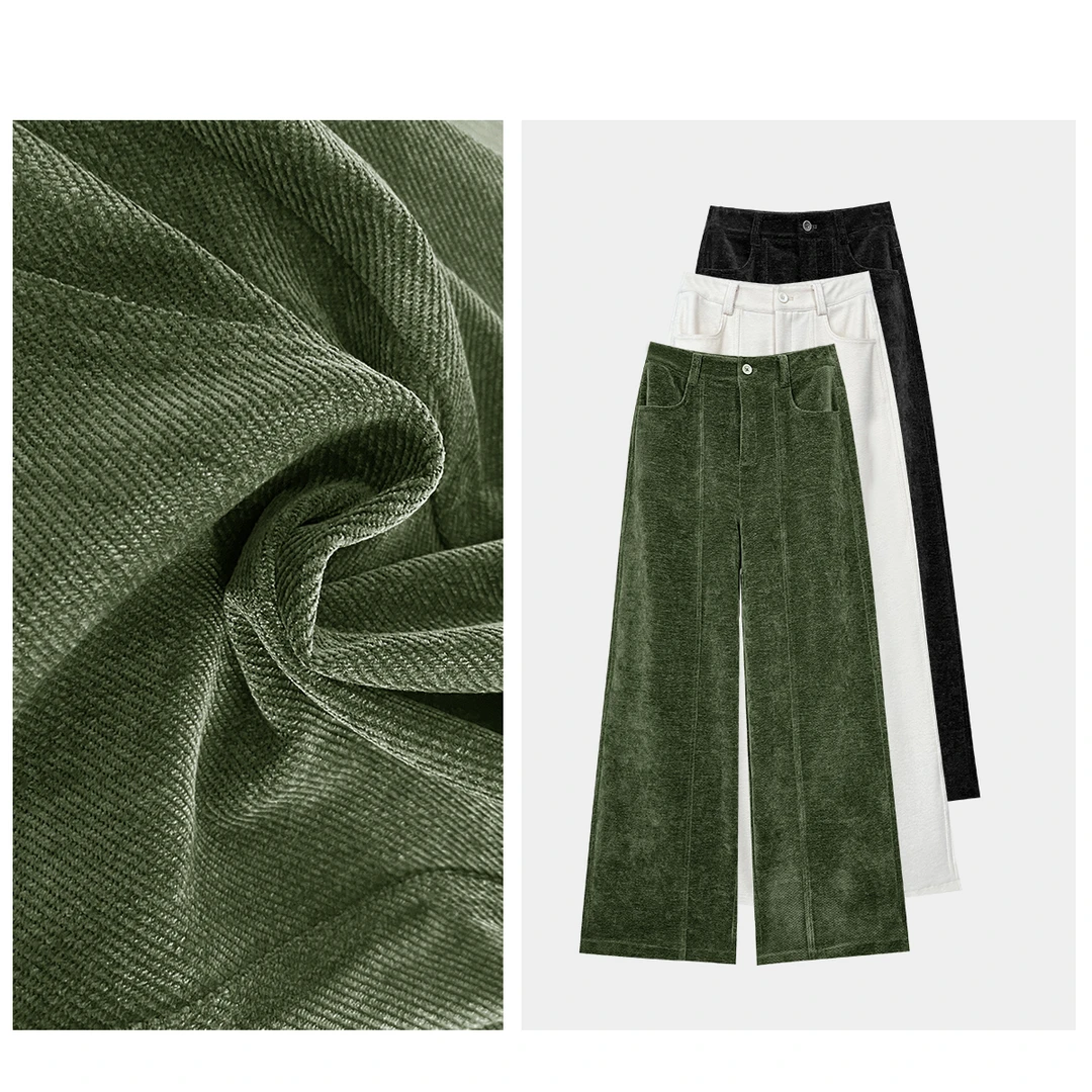 【雪尼尔】2025冬季新款女亲肤裤子加厚苔藓绿条绒休闲阔腿直筒裤