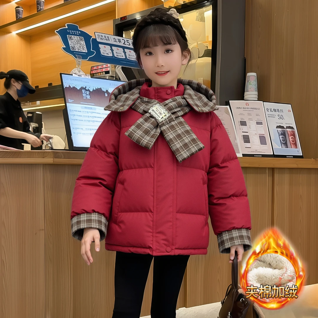 女童夹棉加绒立领短款的保暖百搭棉袄加厚儿童棉衣