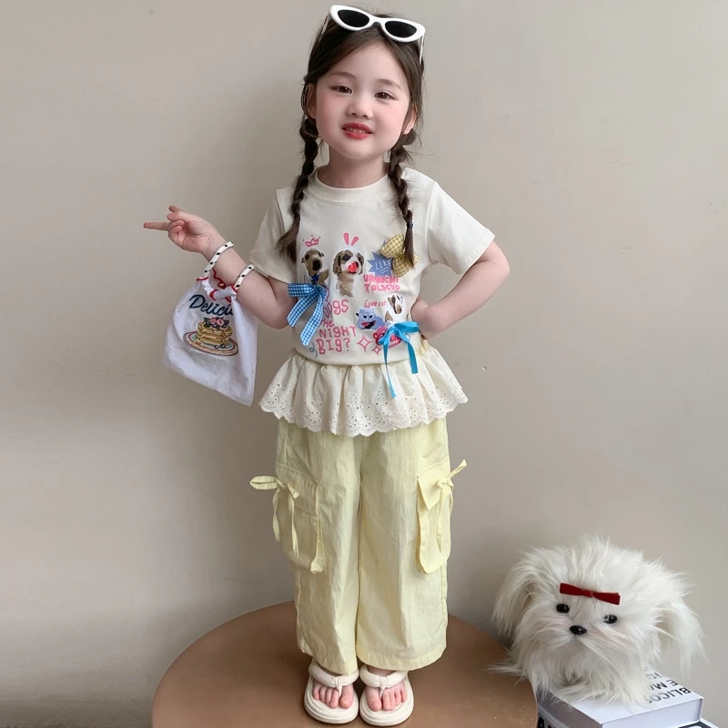 女童夏装套装2025新款洋气儿童卡通短袖小女孩夏季工装裤裤两件套