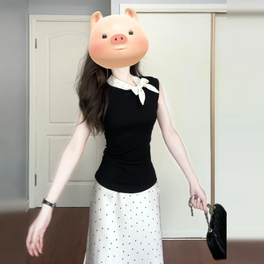 法式无袖背心连衣裙子女夏季2025新款气质穿搭高级感波点长裙套装