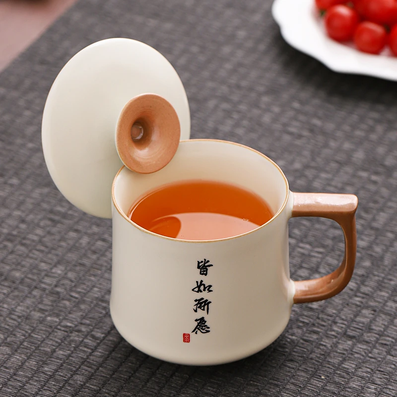 汝窑茶杯陶瓷办公室马克杯喝茶杯个人专用杯子带盖水杯家用伴手礼