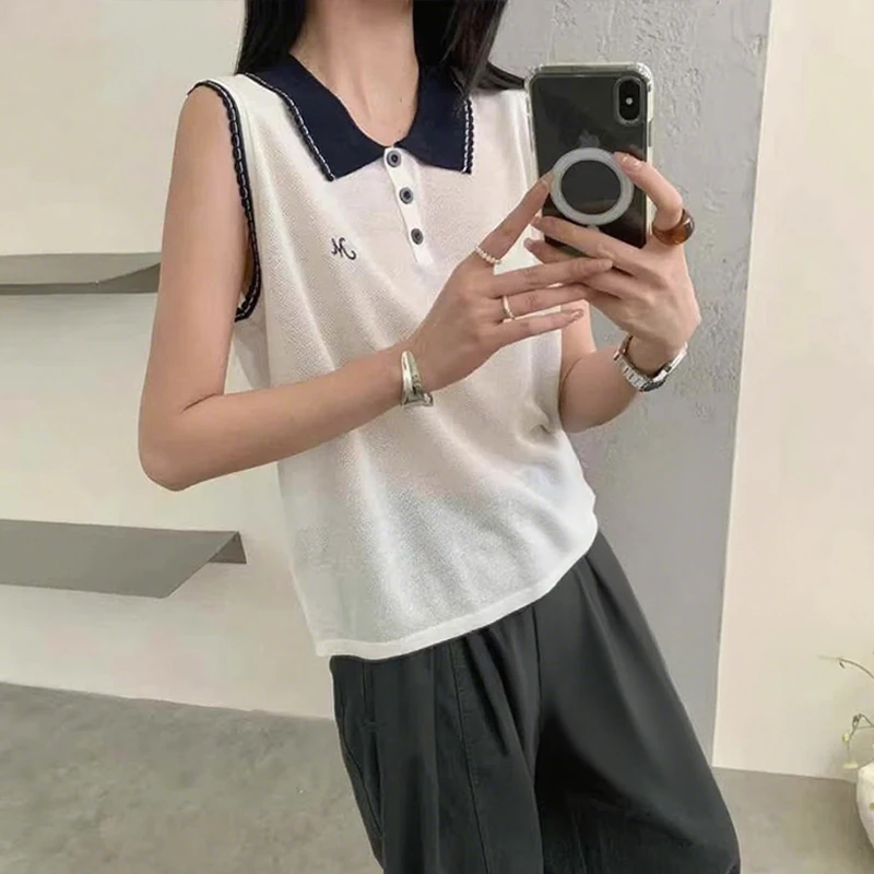 撞色翻领夏季新款花边娃娃领简约洋气字母刺绣纽扣套头薄款针织