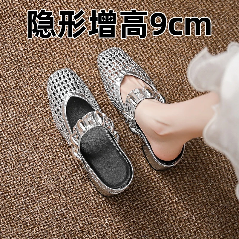 内增高9cm编织镂空包头半拖鞋女外穿配裙子一脚蹬高跟玛丽珍凉鞋