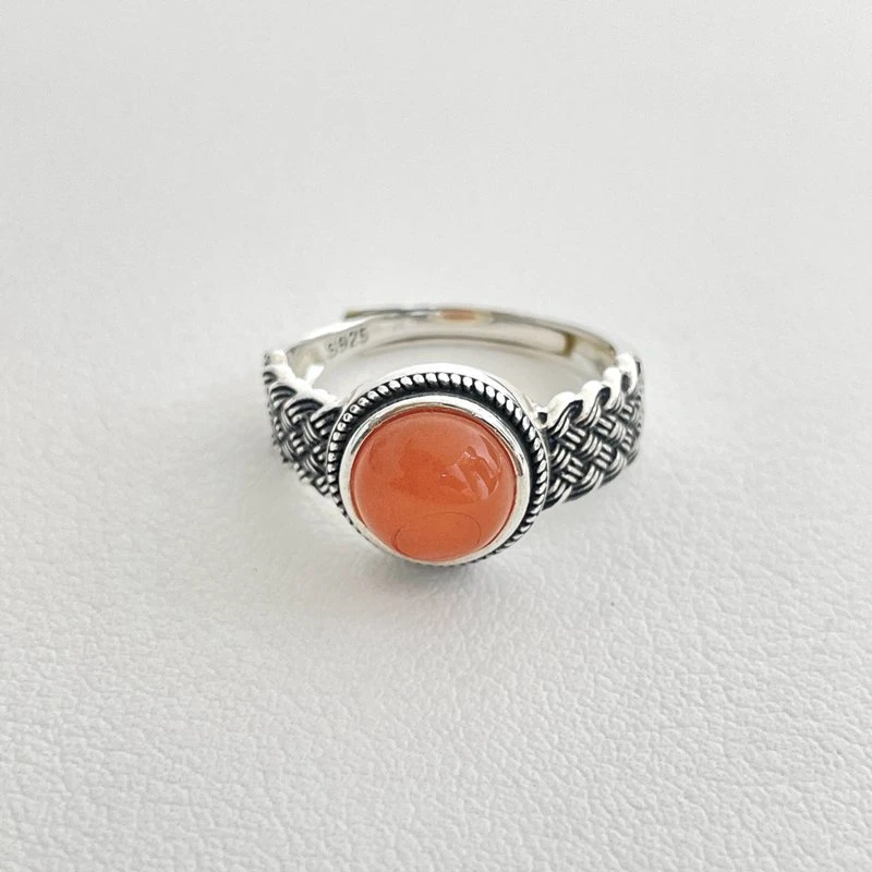 925银戒指 编织纹红珠复古风戒指