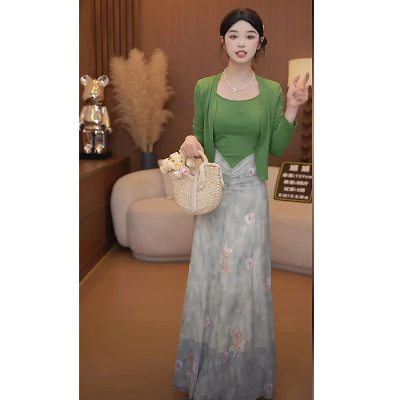 早春穿搭气质显瘦印花吊带连衣裙时尚套装小开衫上衣两件套219#