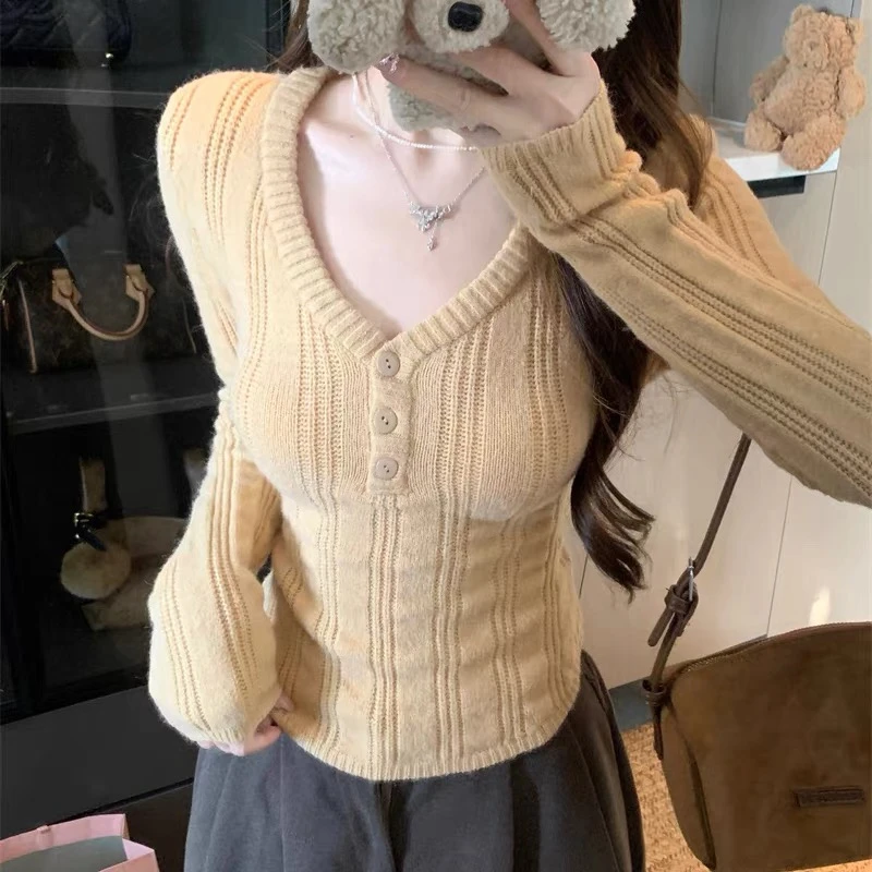 纯欲辣妹修身显瘦正肩针织衫女秋冬设计感别致镂空短款毛衣打底衫