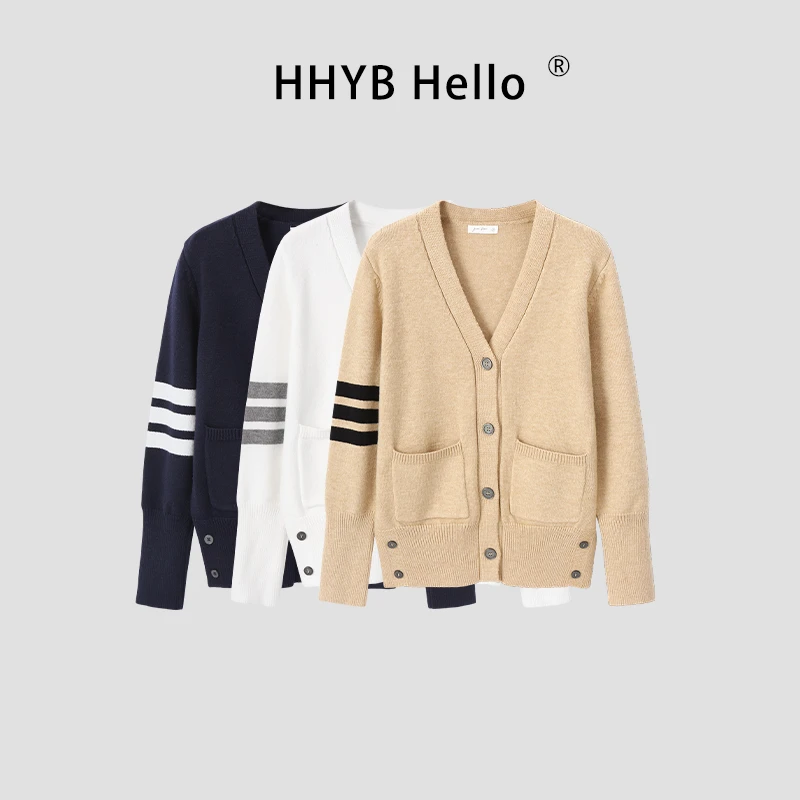 HHYB Hello撞色针织衫女上衣2025秋冬宽松口袋毛衣开衫外套M1415