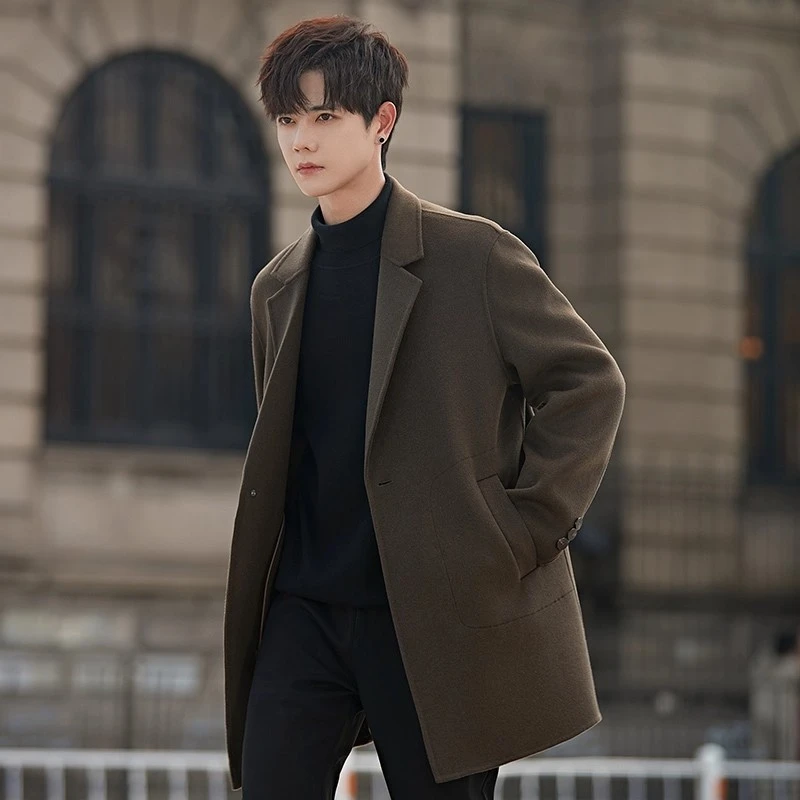 花花公子男士秋冬季毛呢大衣中长款韩版青年加厚双面羊毛呢子外套