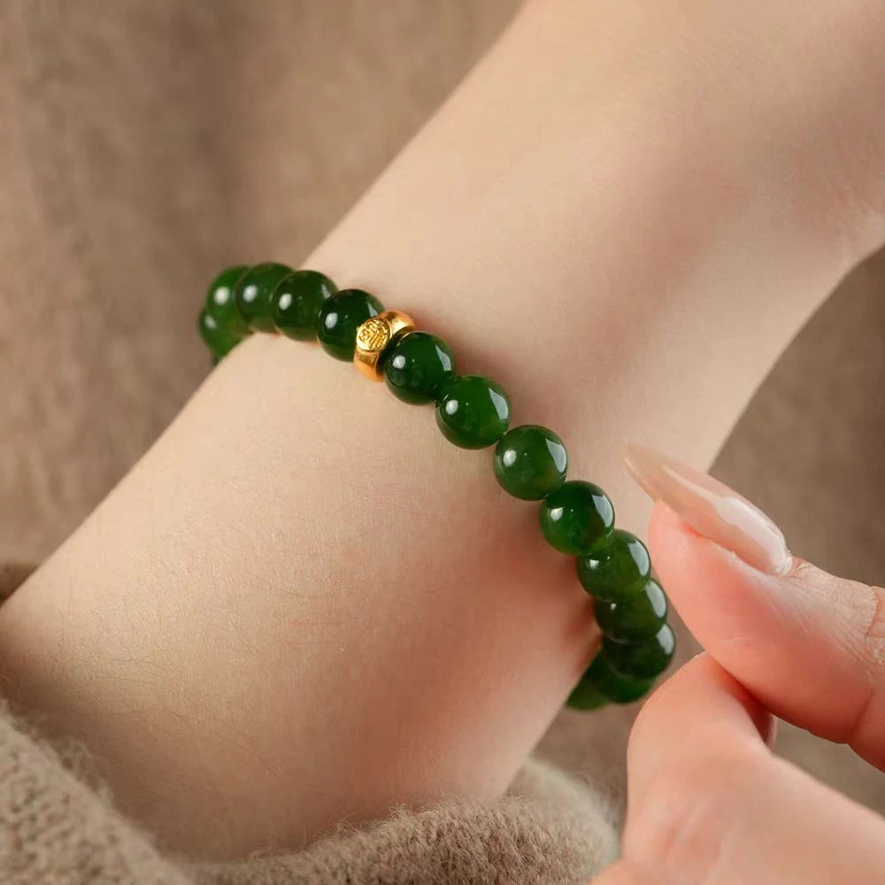 新疆和田玉碧玉阳绿色圆珠单圈手串手链女款气质显白附赠礼盒证书