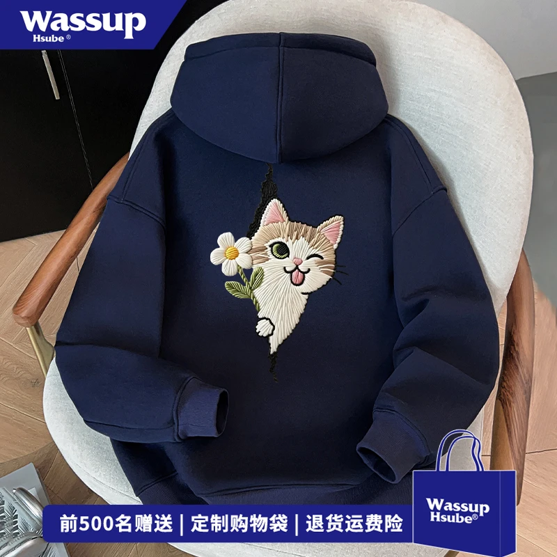 WASSUP HSUBE秋冬藏青色情侣装上衣男女趣味可爱小猫印花连帽卫衣